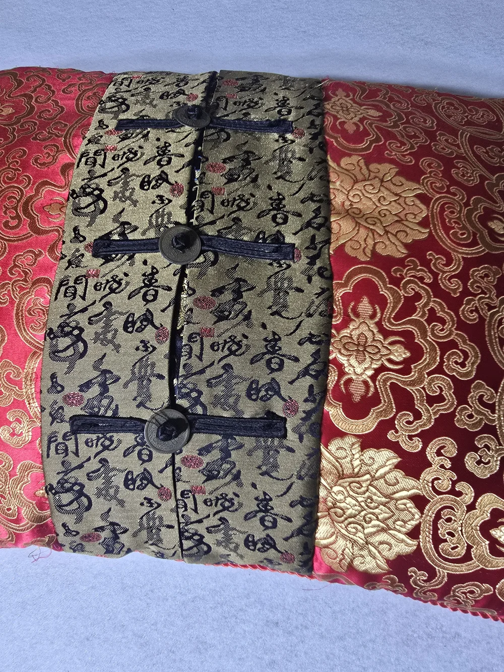 Ornate Red and Gold Decorative Accent Pillow with Embroidered Panel